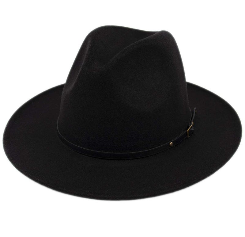Lanzom Womens Classic Wide Brim Floppy Panama Hat Belt Buckle Wool Fedora Hat (One Size, Black) - Image 1